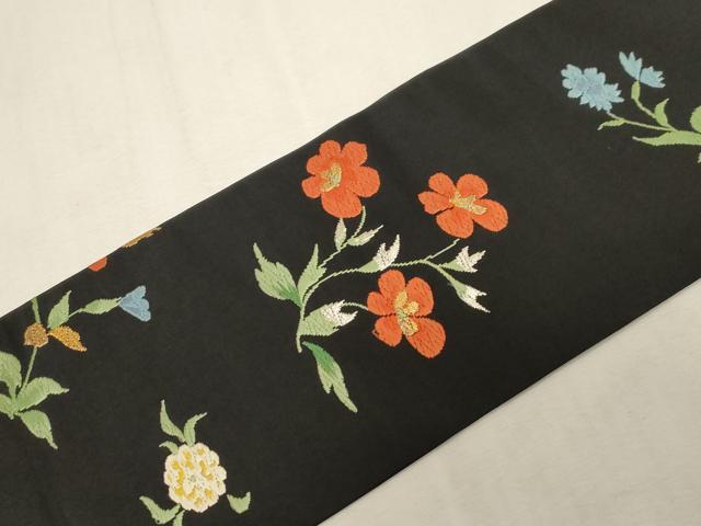 平和屋着物●九寸名古屋帯　唐織　草花文　黒地　金銀糸　正絹　逸品　CABG3050dy