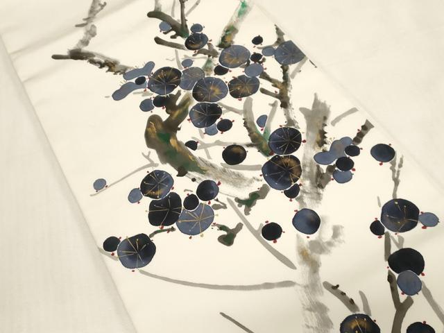 平和屋着物●塩瀬　九寸開き名古屋帯　作家物　手描き　枝梅文　金彩　正絹　逸品　CABG3058dy