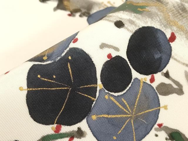 平和屋着物●塩瀬　九寸開き名古屋帯　作家物　手描き　枝梅文　金彩　正絹　逸品　CABG3058dy