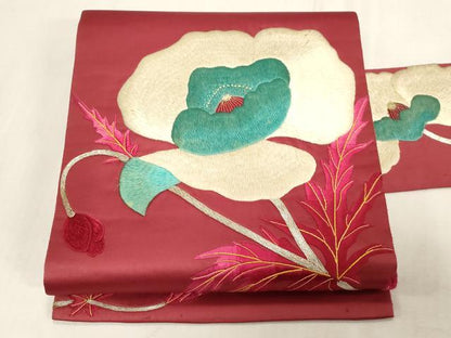 平和屋着物●アンティーク　大正ロマン　九寸名古屋帯　総刺繍　駒刺繍　草花文　正絹　逸品　CABG3059dy