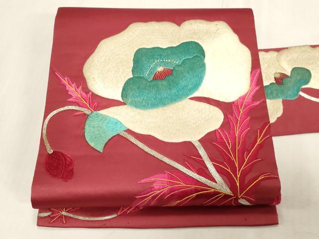 平和屋着物●アンティーク　大正ロマン　九寸名古屋帯　総刺繍　駒刺繍　草花文　正絹　逸品　CABG3059dy