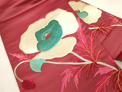 平和屋着物●アンティーク　大正ロマン　九寸名古屋帯　総刺繍　駒刺繍　草花文　正絹　逸品　CABG3059dy