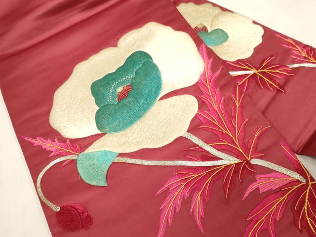 平和屋着物●アンティーク　大正ロマン　九寸名古屋帯　総刺繍　駒刺繍　草花文　正絹　逸品　CABG3059dy