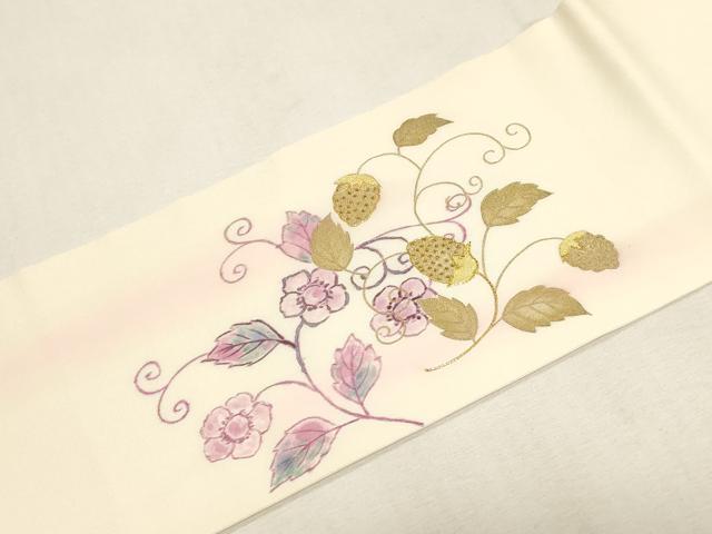 平和屋着物●中国三大刺繍　相良刺繍　塩瀬　九寸名古屋帯　駒刺繍　成り物　苺　金銀彩　正絹　逸品　CABG3062dy