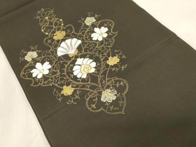 平和屋着物●塩瀬　九寸開き名古屋帯　駒刺繍　幾何学花文　黒地　金彩　正絹　逸品　CABG3068dy