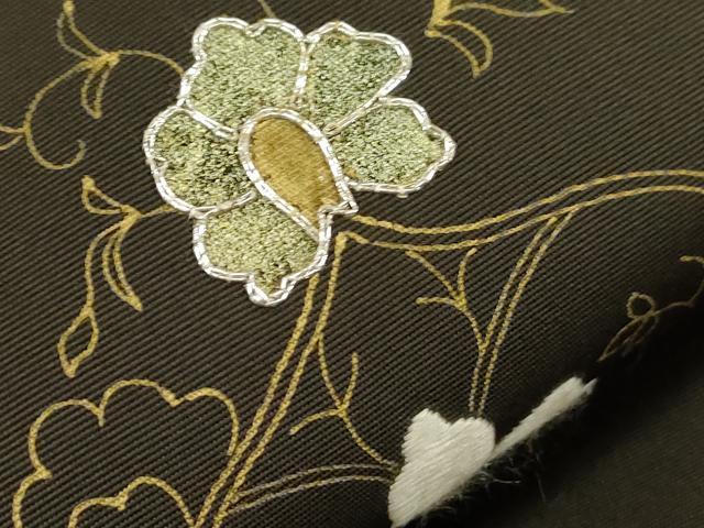 平和屋着物●塩瀬　九寸開き名古屋帯　駒刺繍　幾何学花文　黒地　金彩　正絹　逸品　CABG3068dy