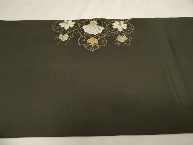 平和屋着物●塩瀬　九寸開き名古屋帯　駒刺繍　幾何学花文　黒地　金彩　正絹　逸品　CABG3068dy
