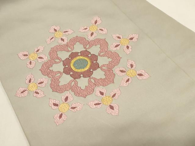 平和屋着物●塩瀬　九寸名古屋帯　総刺繍　舞花文　金糸　正絹　逸品　CABG3073dy