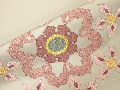 平和屋着物●塩瀬　九寸名古屋帯　総刺繍　舞花文　金糸　正絹　逸品　CABG3073dy