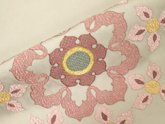 平和屋着物●塩瀬　九寸名古屋帯　総刺繍　舞花文　金糸　正絹　逸品　CABG3073dy