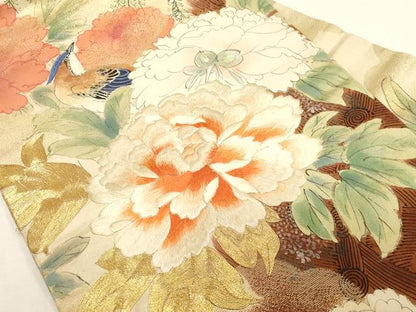 平和屋着物●アンティーク　大正ロマン　九寸名古屋帯　手描き　刺繍　花鳥文　金糸　正絹　逸品　CABG3081dy