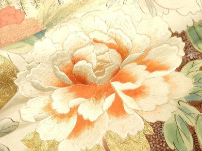 平和屋着物●アンティーク　大正ロマン　九寸名古屋帯　手描き　刺繍　花鳥文　金糸　正絹　逸品　CABG3081dy