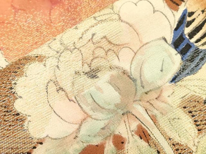 平和屋着物●アンティーク　大正ロマン　九寸名古屋帯　手描き　刺繍　花鳥文　金糸　正絹　逸品　CABG3081dy