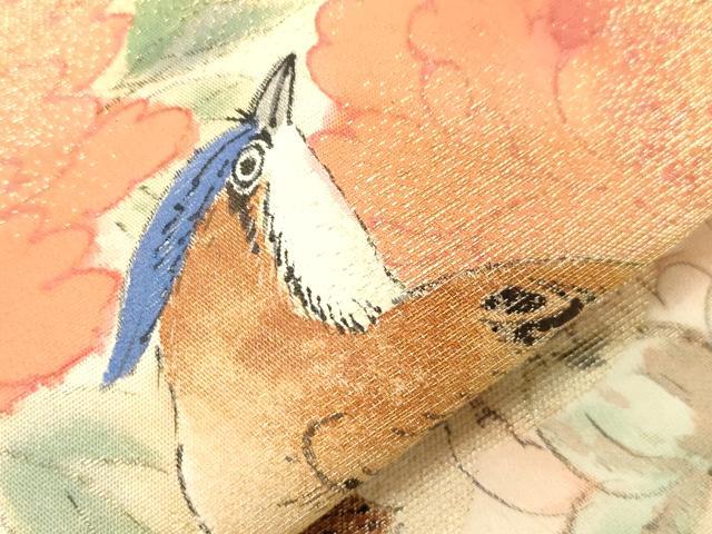 平和屋着物●アンティーク　大正ロマン　九寸名古屋帯　手描き　刺繍　花鳥文　金糸　正絹　逸品　CABG3081dy