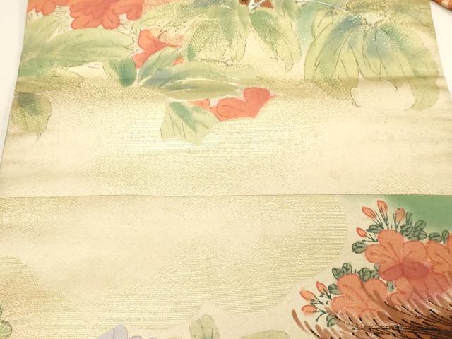 平和屋着物●アンティーク　大正ロマン　九寸名古屋帯　手描き　刺繍　花鳥文　金糸　正絹　逸品　CABG3081dy