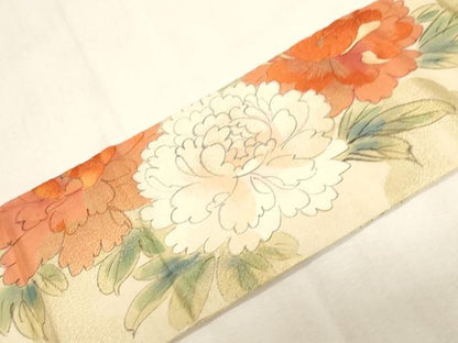 平和屋着物●アンティーク　大正ロマン　九寸名古屋帯　手描き　刺繍　花鳥文　金糸　正絹　逸品　CABG3081dy