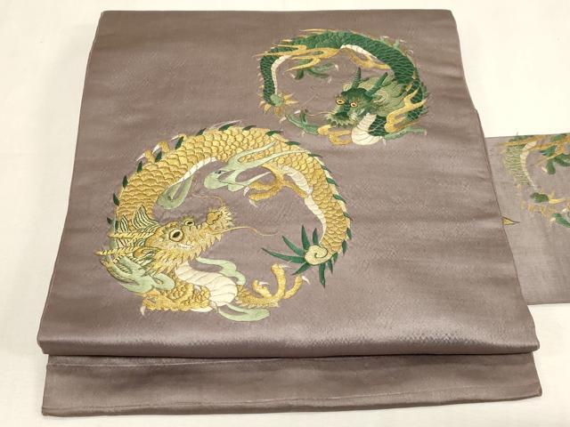 平和屋着物●アンティーク　大正ロマン　九寸名古屋帯　総刺繍　竜　金糸　正絹　逸品　CABG3082dy