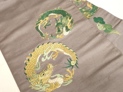平和屋着物●アンティーク　大正ロマン　九寸名古屋帯　総刺繍　竜　金糸　正絹　逸品　CABG3082dy