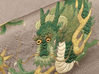 平和屋着物●アンティーク　大正ロマン　九寸名古屋帯　総刺繍　竜　金糸　正絹　逸品　CABG3082dy