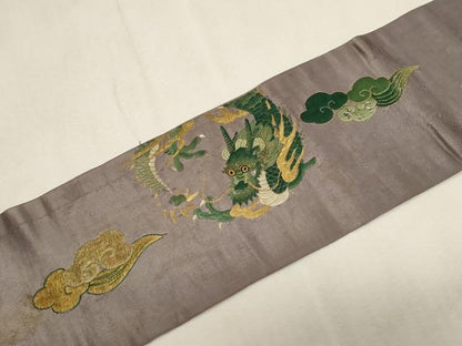 平和屋着物●アンティーク　大正ロマン　九寸名古屋帯　総刺繍　竜　金糸　正絹　逸品　CABG3082dy