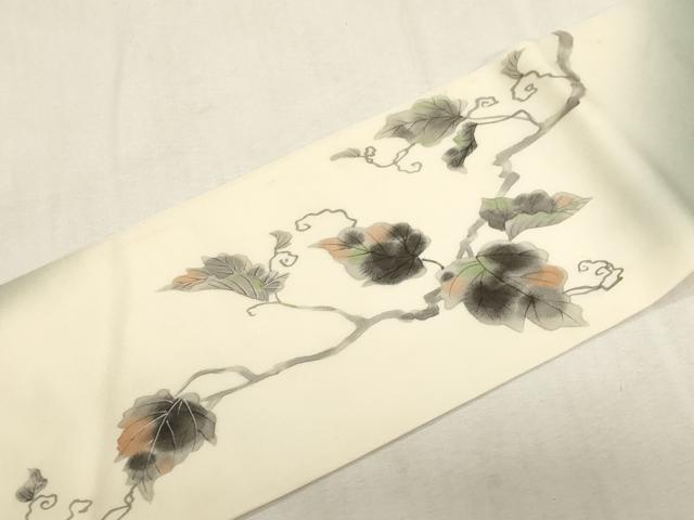 平和屋着物●塩瀬　九寸名古屋帯　手描き　蔦の葉文　正絹　逸品　CABG3084dy