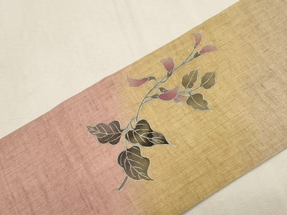 平和屋着物●九寸名古屋帯　友禅　紬地　草花文　正絹　逸品　CABG3086dy