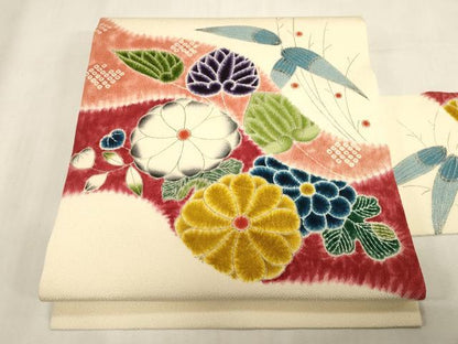平和屋着物●九寸名古屋帯　作家物　草花文　鬼しぼ縮緬　逸品　CABG3089dy