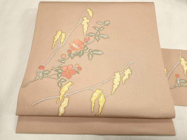 平和屋着物●塩瀬　九寸名古屋帯　駒刺繍　枝花文　金彩　正絹　逸品　CABG3095dy