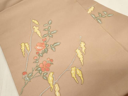 平和屋着物●塩瀬　九寸名古屋帯　駒刺繍　枝花文　金彩　正絹　逸品　CABG3095dy