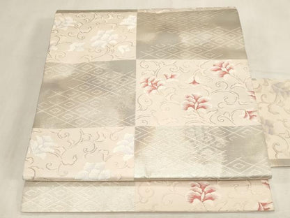 平和屋着物●九寸名古屋帯　市松更紗花文　銀糸　正絹　逸品　CABG3099dy