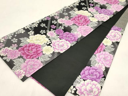 平和屋着物●六通柄袋帯　絢爛彩花文　黒地　銀糸　正絹　逸品　CABG3109dy