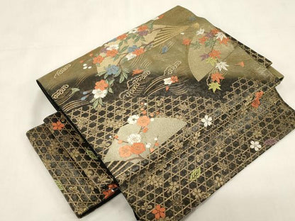 平和屋着物●つけ帯　唐織　扇華春秋文様　金糸　引箔　正絹　逸品　未使用　CABG3126dy