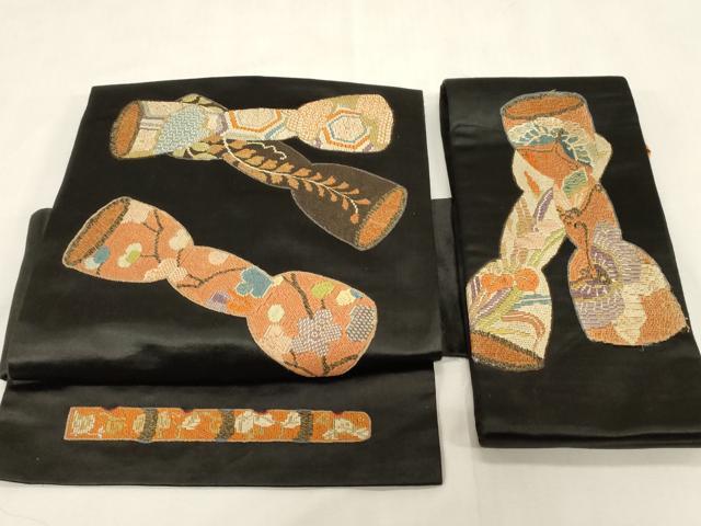 平和屋着物●絽刺し　区限刺繍　つけ帯　独楽　黒地　金糸　正絹　逸品　CABG3127dy