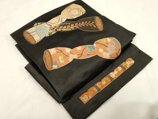 平和屋着物●絽刺し　区限刺繍　つけ帯　独楽　黒地　金糸　正絹　逸品　CABG3127dy