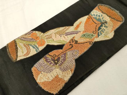 平和屋着物●絽刺し　区限刺繍　つけ帯　独楽　黒地　金糸　正絹　逸品　CABG3127dy