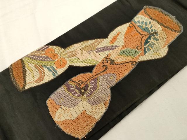 平和屋着物●絽刺し　区限刺繍　つけ帯　独楽　黒地　金糸　正絹　逸品　CABG3127dy