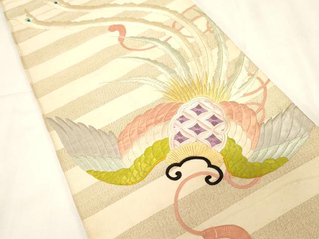 平和屋着物●丸帯　唐織　尾長鳥松文　金糸　正絹　逸品　CABG3131dy