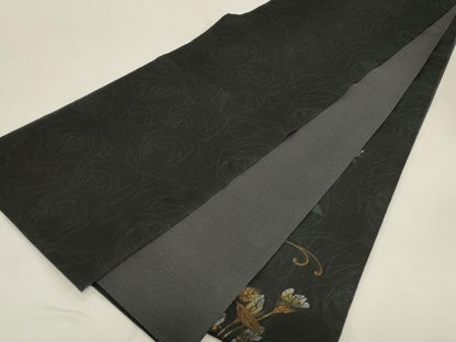 平和屋着物▽太鼓柄袋帯　スリーシーズン　春夏秋　草花文　黒地　金銀糸　さが美扱い　正絹　逸品　CABG3138dy