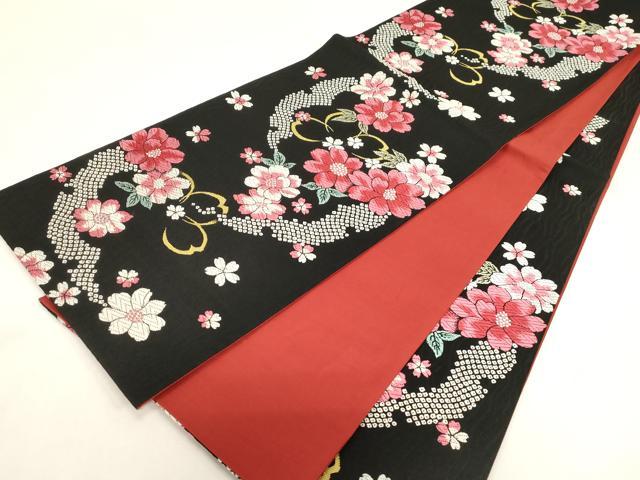平和屋着物●六通柄袋帯　唐織　雪芝花文　黒地　正絹　逸品　CABG3151dy