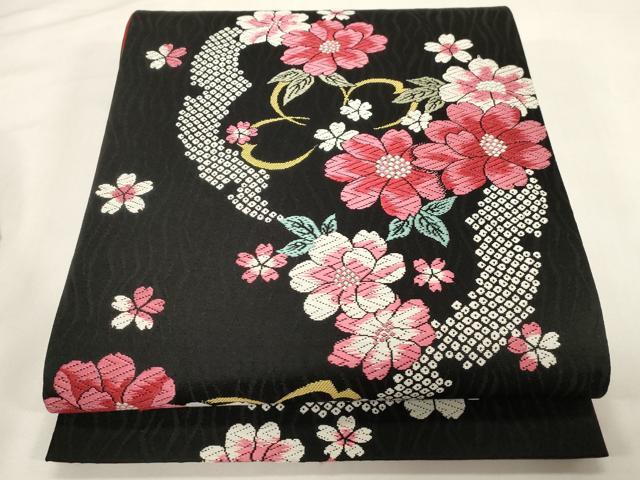 平和屋着物●六通柄袋帯　唐織　雪芝花文　黒地　正絹　逸品　CABG3151dy