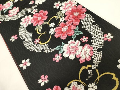 平和屋着物●六通柄袋帯　唐織　雪芝花文　黒地　正絹　逸品　CABG3151dy