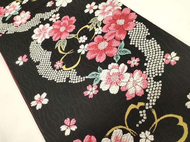 平和屋着物●六通柄袋帯　唐織　雪芝花文　黒地　正絹　逸品　CABG3151dy