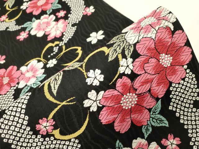 平和屋着物●六通柄袋帯　唐織　雪芝花文　黒地　正絹　逸品　CABG3151dy