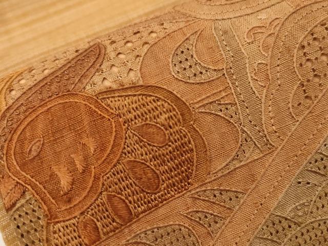 平和屋着物●中国三大刺繍　スワトウ刺繍　相良刺繍　総刺繍　太鼓柄袋帯　紬地　花鳥文　正絹　逸品　CABG3152dy