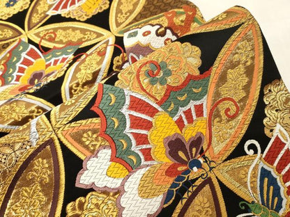 平和屋着物●六通柄袋帯　唐織　七宝舞蝶文　黒地　金銀糸　正絹　逸品　CABG3161dy