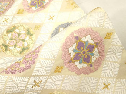 平和屋着物●六通柄袋帯　つづれ唐織　新小石丸　菱花文　金糸　正絹　逸品　未使用　CABG3163dy