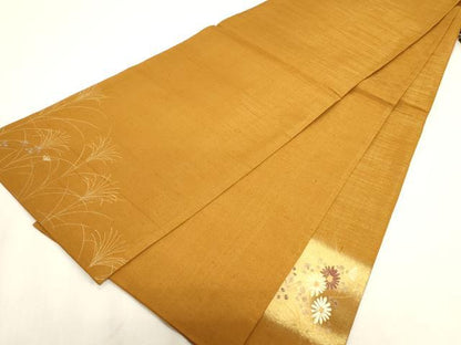平和屋着物●太鼓柄袋帯　紬地　草花文　金彩　正絹　逸品　CABG3174dy