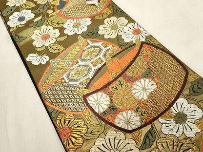 平和屋着物●六通柄袋帯　唐織　糸巻き花文　金糸　正絹　逸品　CABG3175dy