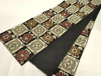 平和屋着物●六通柄袋帯　格子花文　正絹　逸品　CABG3183dy