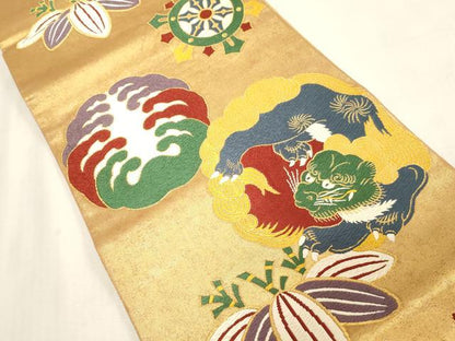 平和屋着物●西陣　さかした謹製　六通柄袋帯　唐織　御門綴　栄唐獅子門　金糸　証紙付き　三越扱い　正絹　逸品　未使用　CABG3185dy